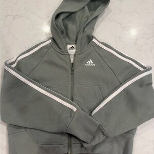 adidas Olive Gray Hooded Zip-Up with White Stripes